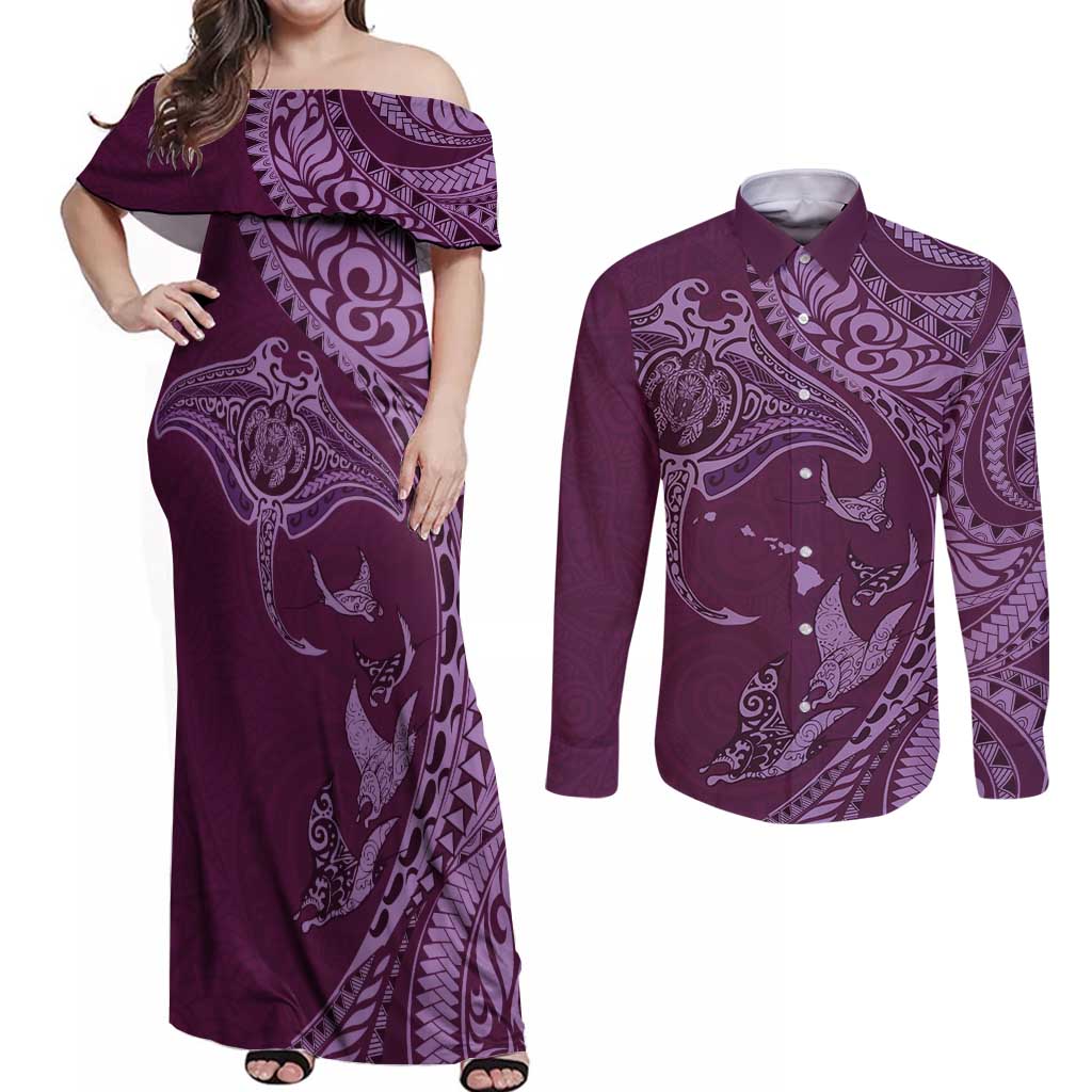 Hawaiian Manta Ray and Polynesian Tribal Tattoo Couples Matching Off Shoulder Maxi Dress and Long Sleeve Button Shirt Pink Color LT03 Pink - Polynesian Pride