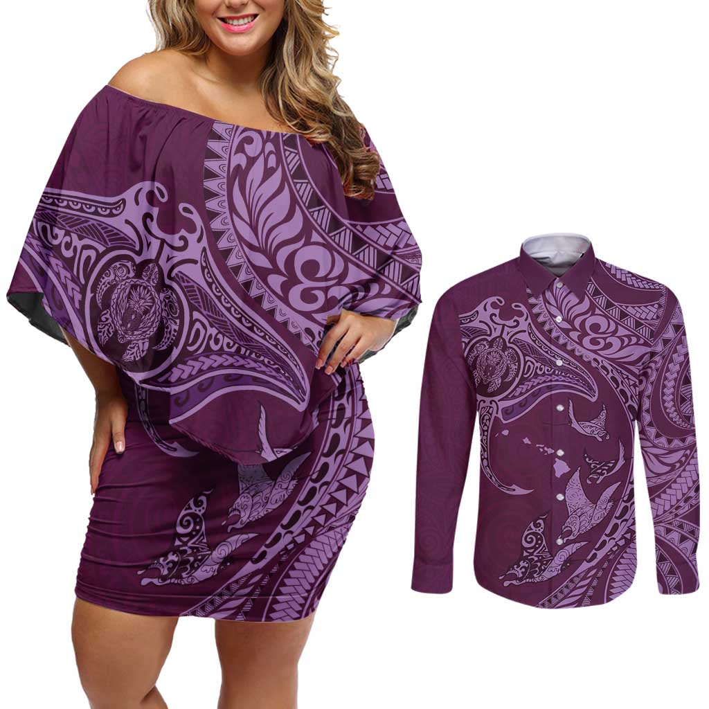 Hawaiian Manta Ray and Polynesian Tribal Tattoo Couples Matching Off Shoulder Short Dress and Long Sleeve Button Shirt Pink Color LT03 Pink - Polynesian Pride