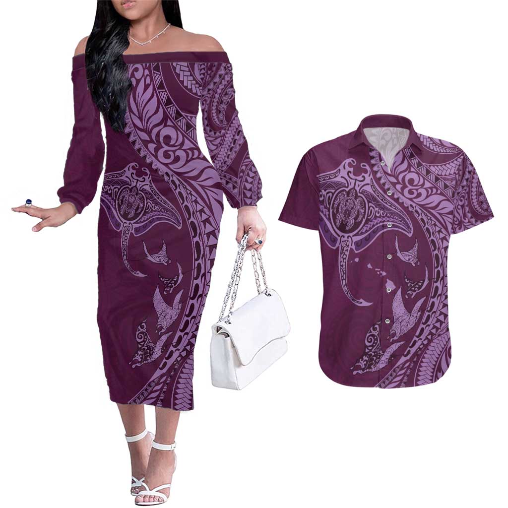 Hawaiian Manta Ray and Polynesian Tribal Tattoo Couples Matching Off The Shoulder Long Sleeve Dress and Hawaiian Shirt Pink Color LT03 Pink - Polynesian Pride