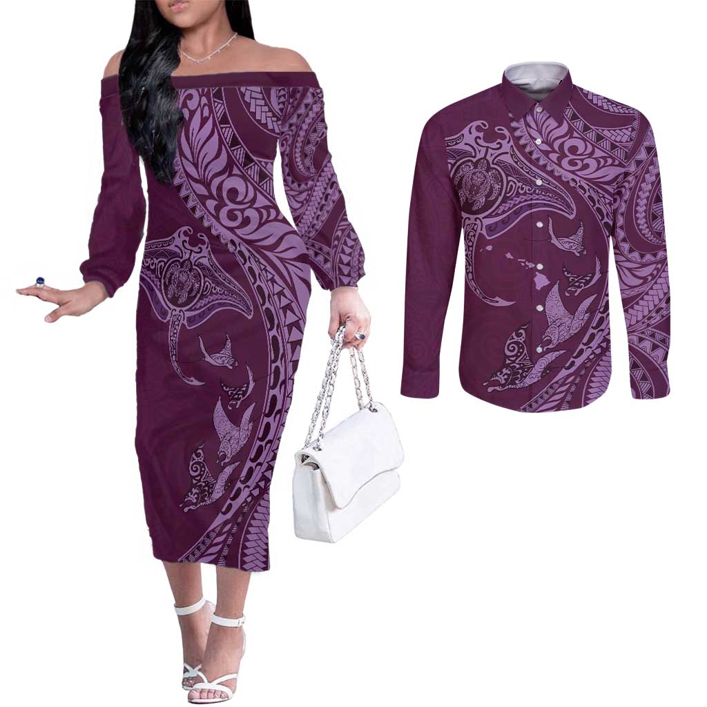 Hawaiian Manta Ray and Polynesian Tribal Tattoo Couples Matching Off The Shoulder Long Sleeve Dress and Long Sleeve Button Shirt Pink Color LT03 Pink - Polynesian Pride