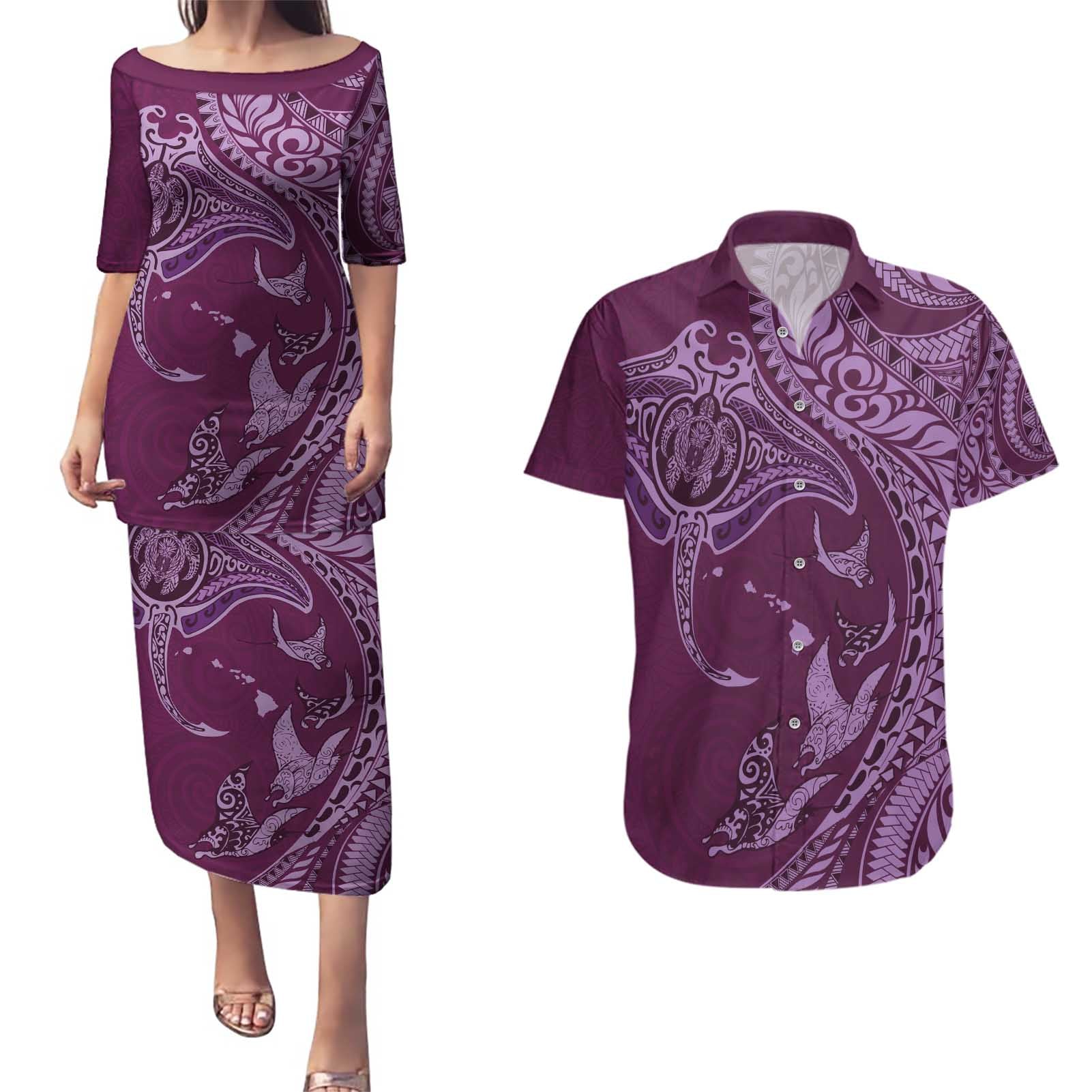 Hawaiian Manta Ray and Polynesian Tribal Tattoo Couples Matching Puletasi and Hawaiian Shirt Pink Color LT03