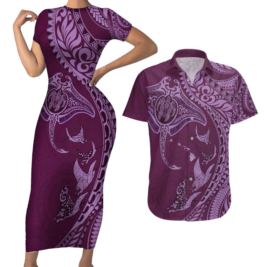 Hawaiian Manta Ray and Polynesian Tribal Tattoo Couples Matching Short Sleeve Bodycon Dress and Hawaiian Shirt Pink Color LT03 Pink - Polynesian Pride