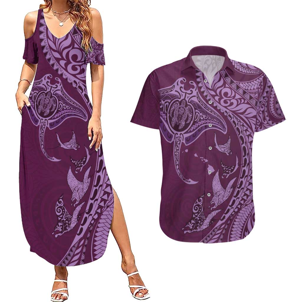 Hawaiian Manta Ray and Polynesian Tribal Tattoo Couples Matching Summer Maxi Dress and Hawaiian Shirt Pink Color LT03 Pink - Polynesian Pride