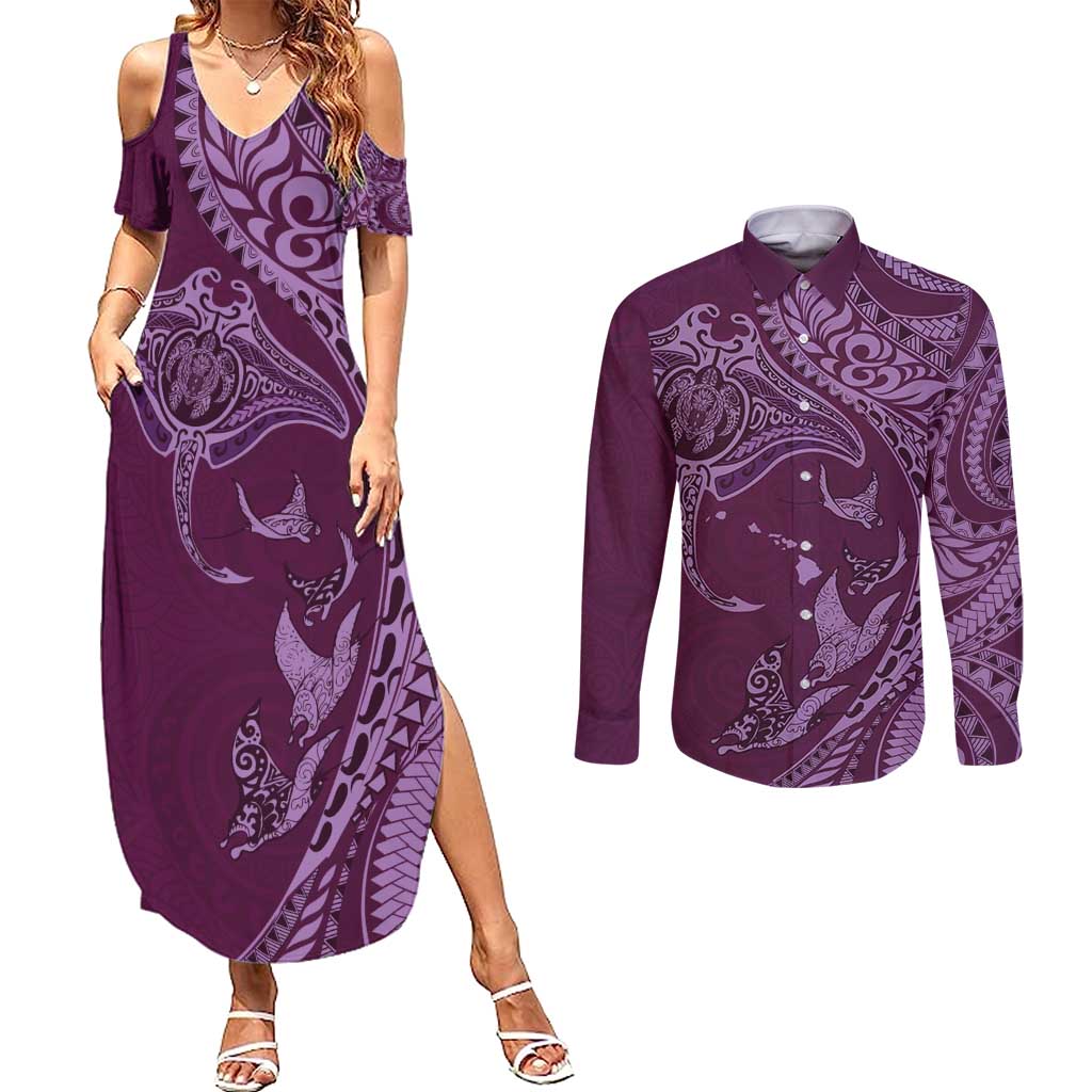 Hawaiian Manta Ray and Polynesian Tribal Tattoo Couples Matching Summer Maxi Dress and Long Sleeve Button Shirt Pink Color LT03 Pink - Polynesian Pride