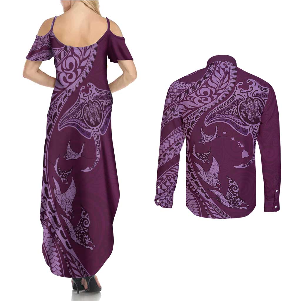 Hawaiian Manta Ray and Polynesian Tribal Tattoo Couples Matching Summer Maxi Dress and Long Sleeve Button Shirt Pink Color LT03 - Polynesian Pride