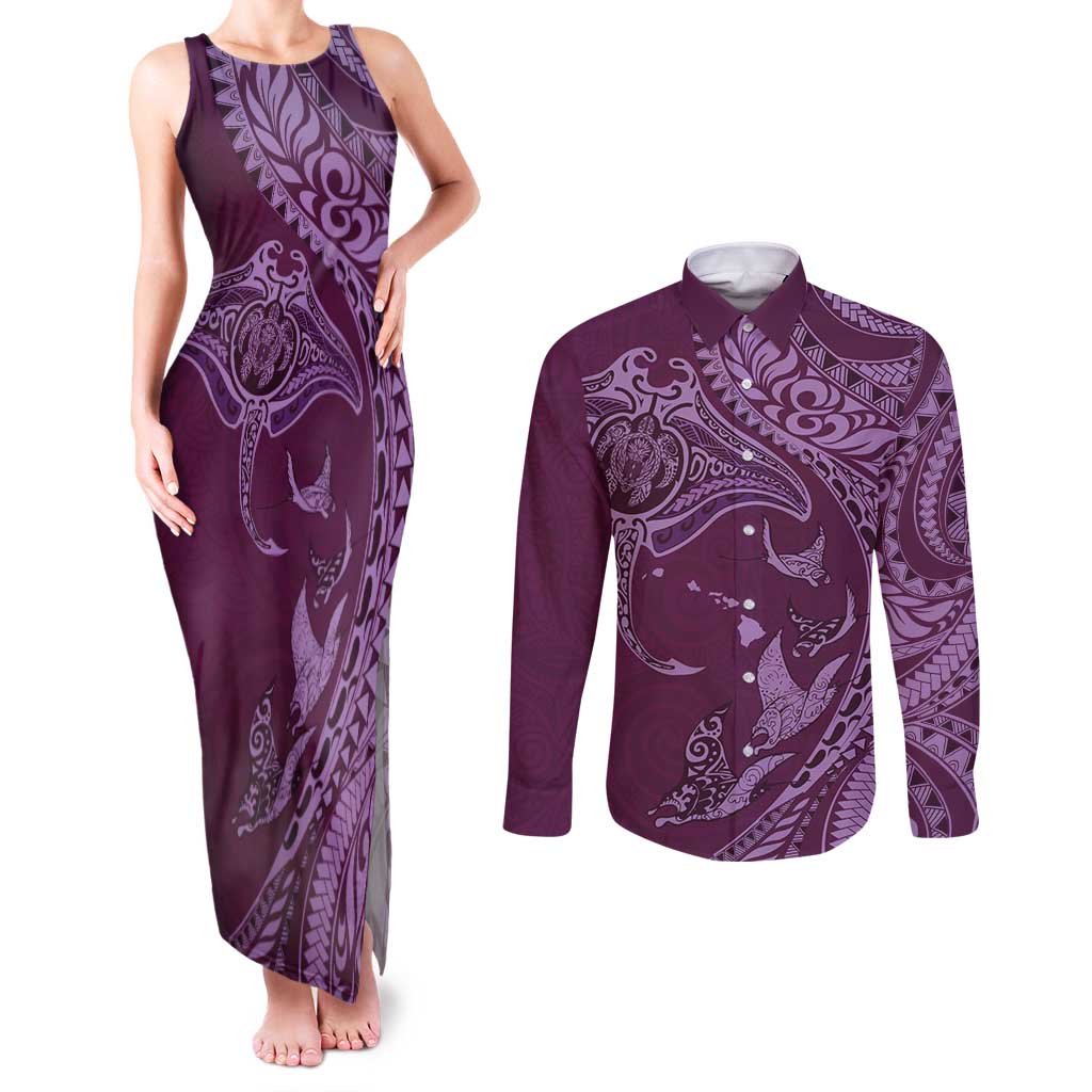 Hawaiian Manta Ray and Polynesian Tribal Tattoo Couples Matching Tank Maxi Dress and Long Sleeve Button Shirt Pink Color LT03 Pink - Polynesian Pride