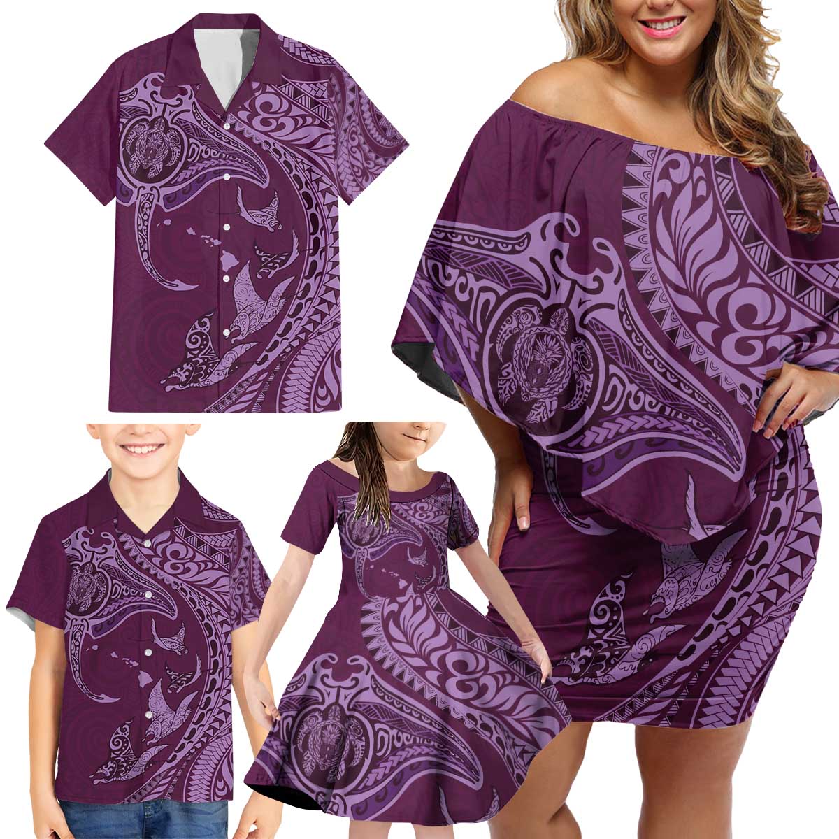 Hawaiian Manta Ray and Polynesian Tribal Tattoo Family Matching Off Shoulder Short Dress and Hawaiian Shirt Pink Color LT03 - Polynesian Pride