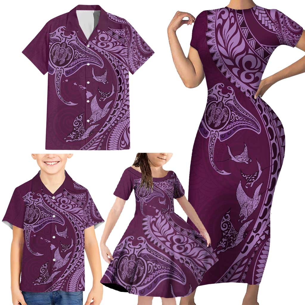 Hawaiian Manta Ray and Polynesian Tribal Tattoo Family Matching Short Sleeve Bodycon Dress and Hawaiian Shirt Pink Color LT03 - Polynesian Pride