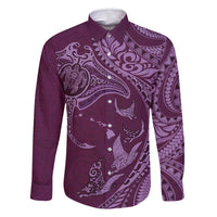 Hawaiian Manta Ray and Polynesian Tribal Tattoo Family Matching Tank Maxi Dress and Hawaiian Shirt Pink Color LT03 Dad's Shirt - Long Sleeve Pink - Polynesian Pride