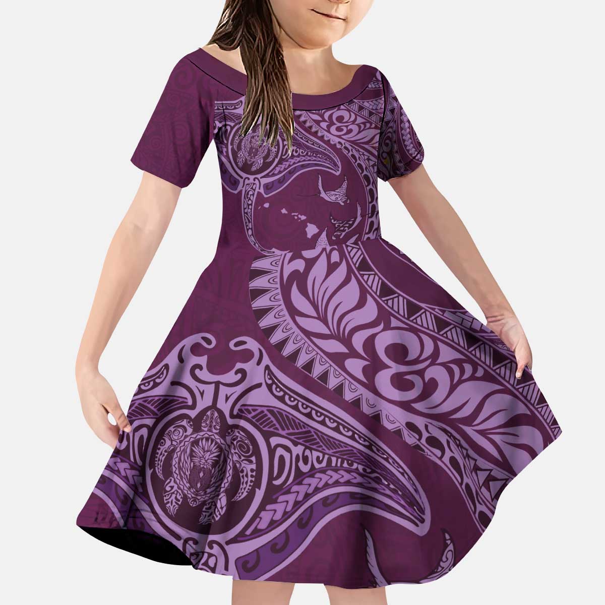 Hawaiian Manta Ray and Polynesian Tribal Tattoo Kid Short Sleeve Dress Pink Color LT03