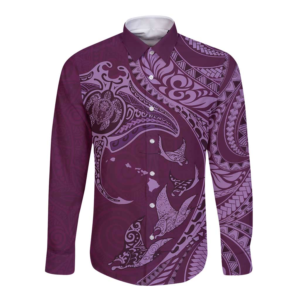 Hawaiian Manta Ray and Polynesian Tribal Tattoo Long Sleeve Button Shirt Pink Color LT03 Unisex Pink - Polynesian Pride
