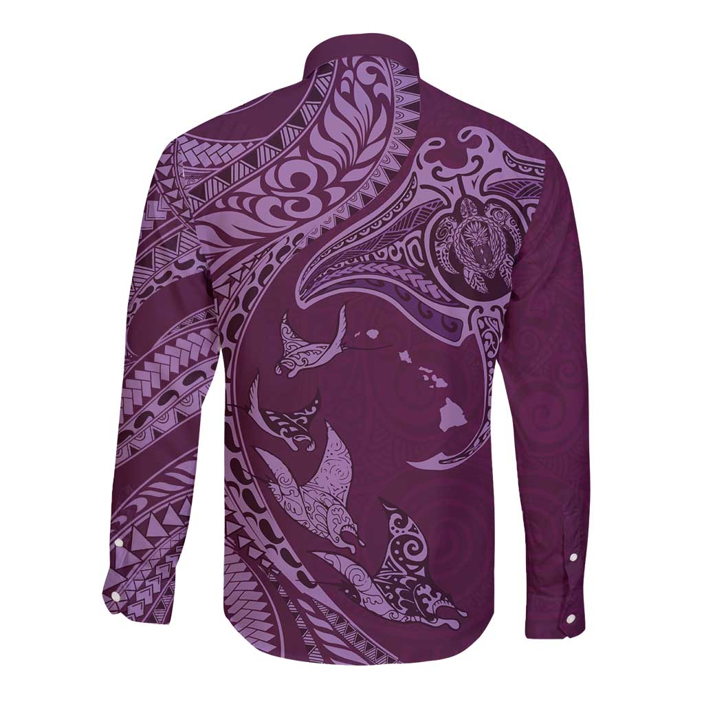 Hawaiian Manta Ray and Polynesian Tribal Tattoo Long Sleeve Button Shirt Pink Color LT03 - Polynesian Pride