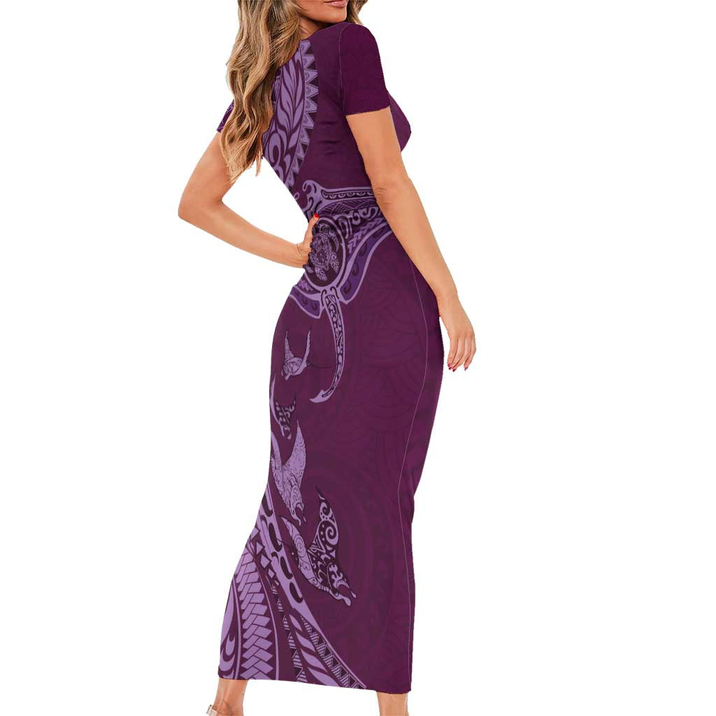 Hawaiian Manta Ray and Polynesian Tribal Tattoo Short Sleeve Bodycon Dress Pink Color LT03 - Polynesian Pride