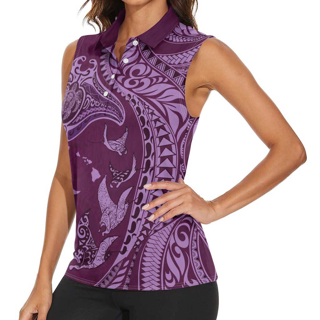 Hawaiian Manta Ray and Polynesian Tribal Tattoo Women Sleeveless Polo Shirt Pink Color LT03