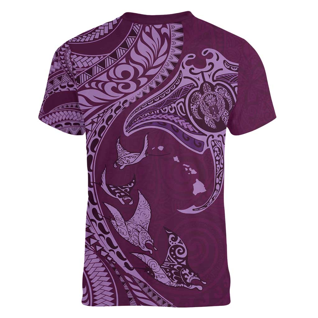 Hawaiian Manta Ray and Polynesian Tribal Tattoo Women V-Neck T-Shirt Pink Color LT03