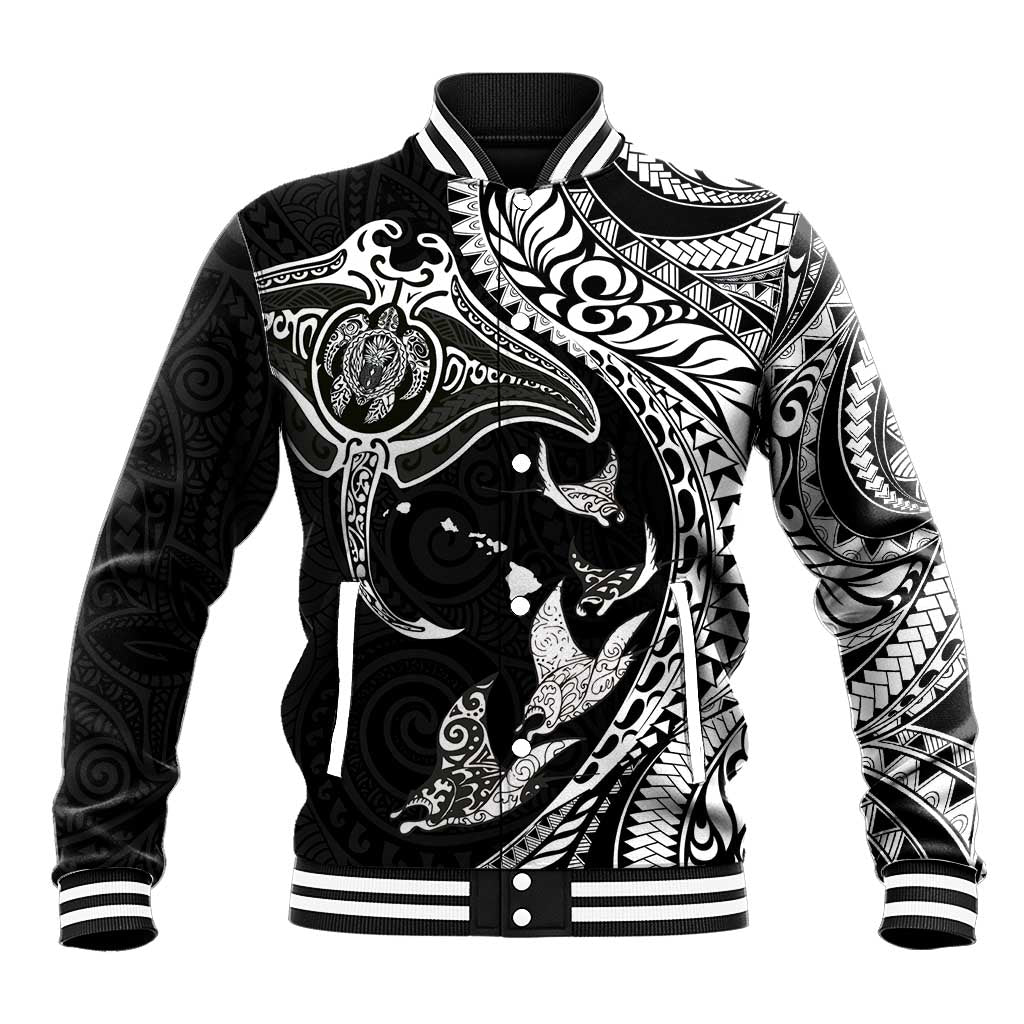 Hawaiian Manta Ray and Polynesian Tribal Tattoo Baseball Jacket Black Color LT03