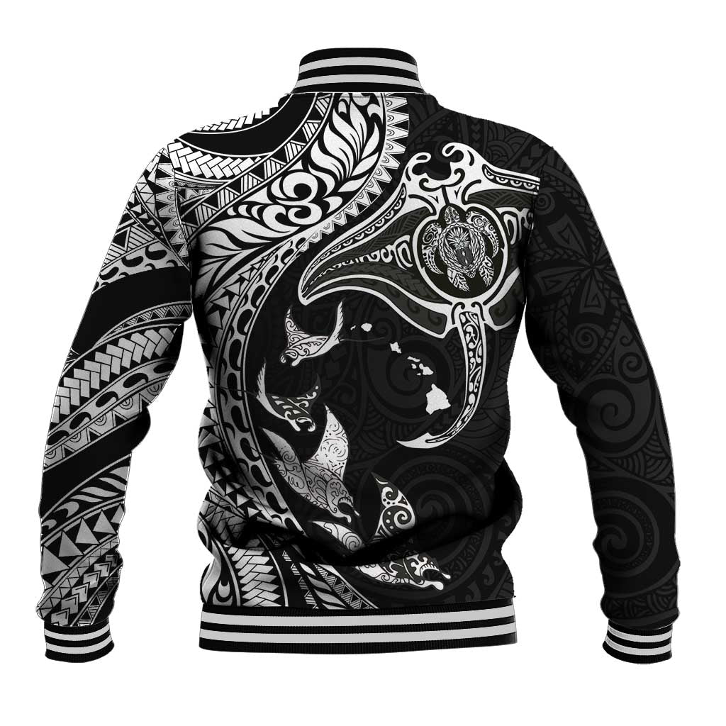Hawaiian Manta Ray and Polynesian Tribal Tattoo Baseball Jacket Black Color LT03