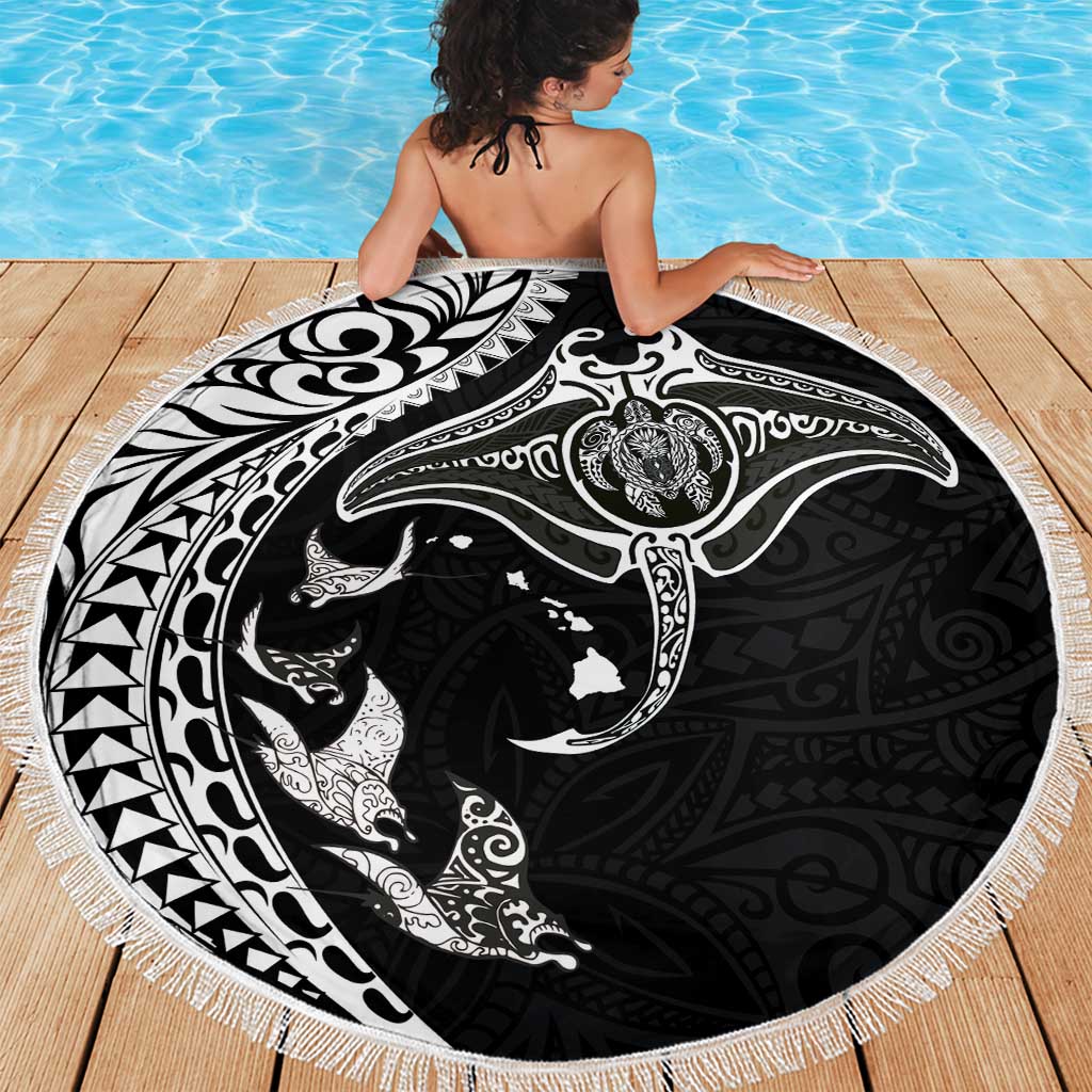 Hawaiian Manta Ray and Polynesian Tribal Tattoo Beach Blanket Black Color LT03