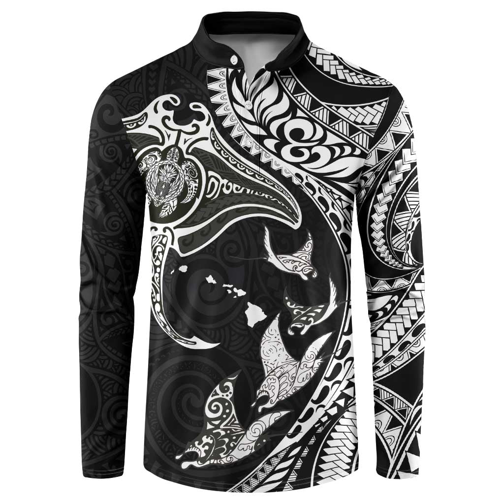Hawaiian Manta Ray and Polynesian Tribal Tattoo Button Sweatshirt Black Color LT03 Black - Polynesian Pride