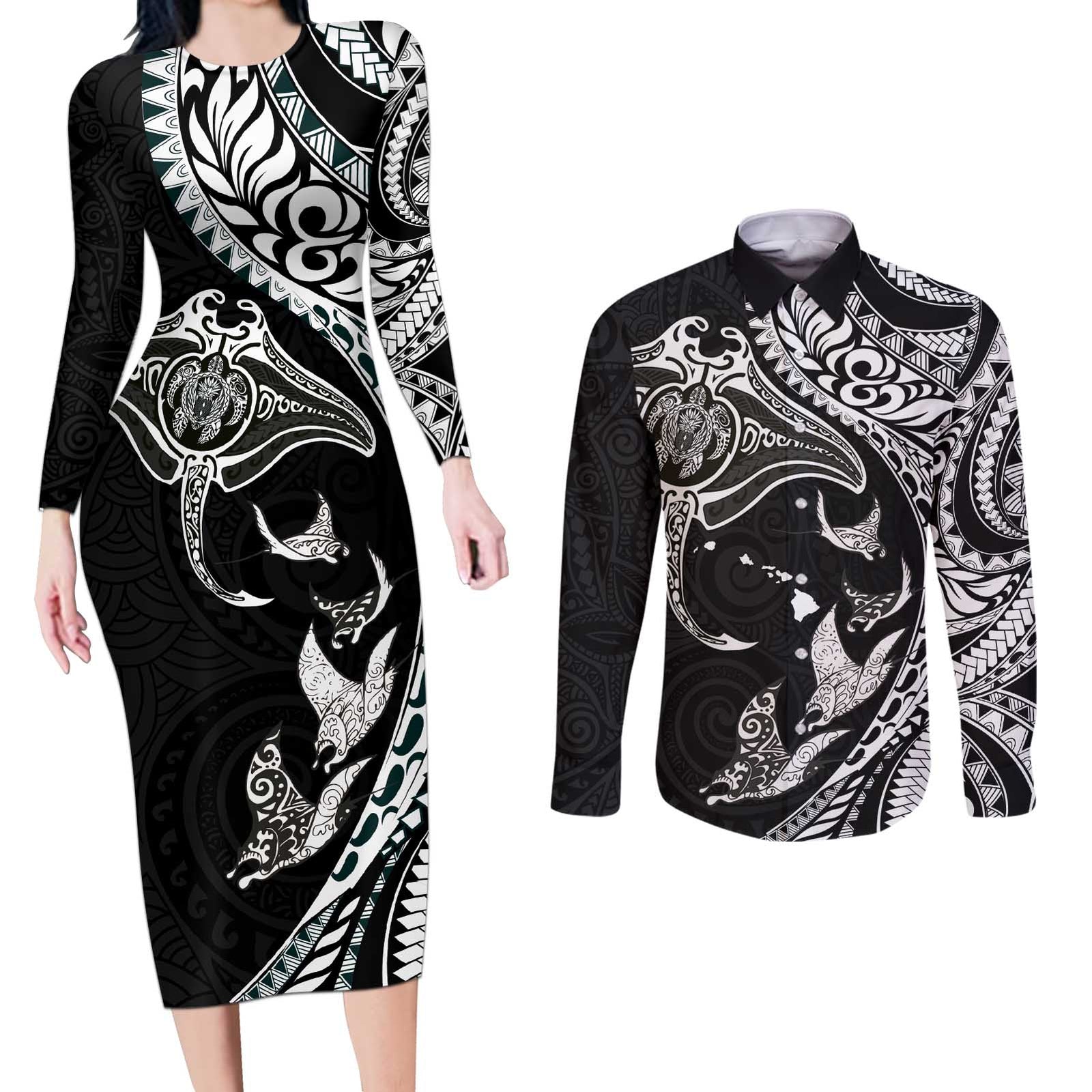 Hawaiian Manta Ray and Polynesian Tribal Tattoo Couples Matching Long Sleeve Bodycon Dress and Long Sleeve Button Shirt Black Color LT03 Black - Polynesian Pride