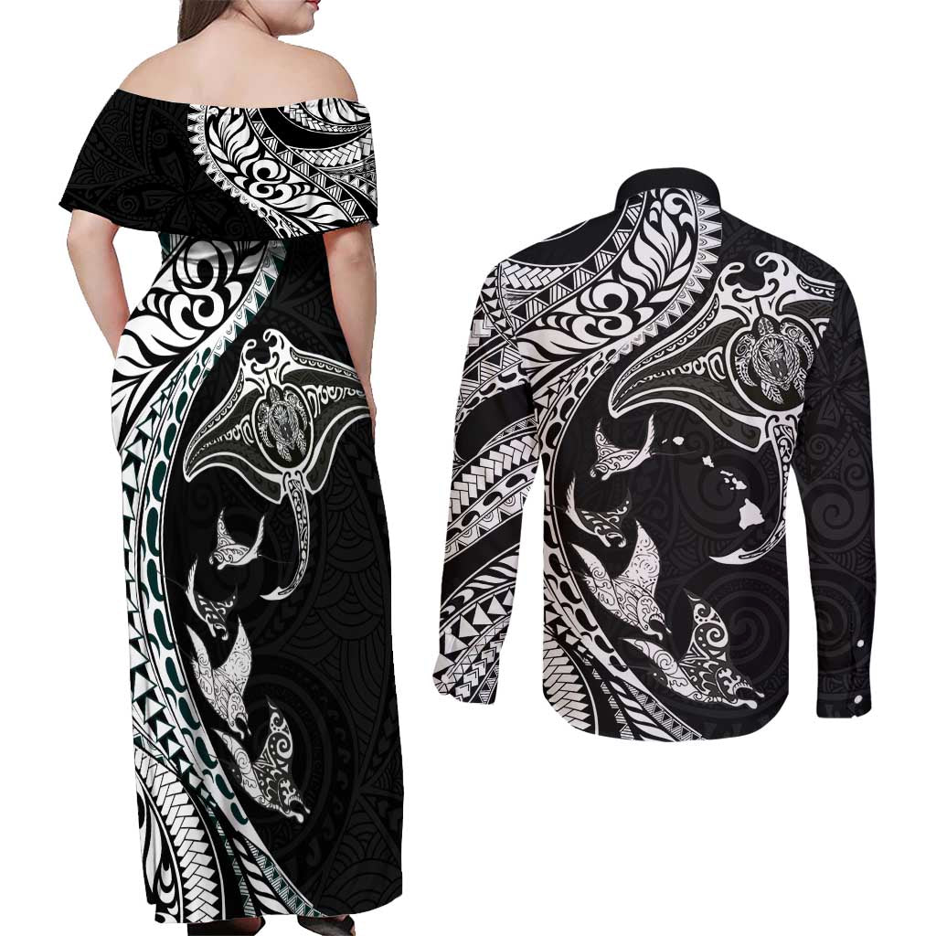 Hawaiian Manta Ray and Polynesian Tribal Tattoo Couples Matching Off Shoulder Maxi Dress and Long Sleeve Button Shirt Black Color LT03