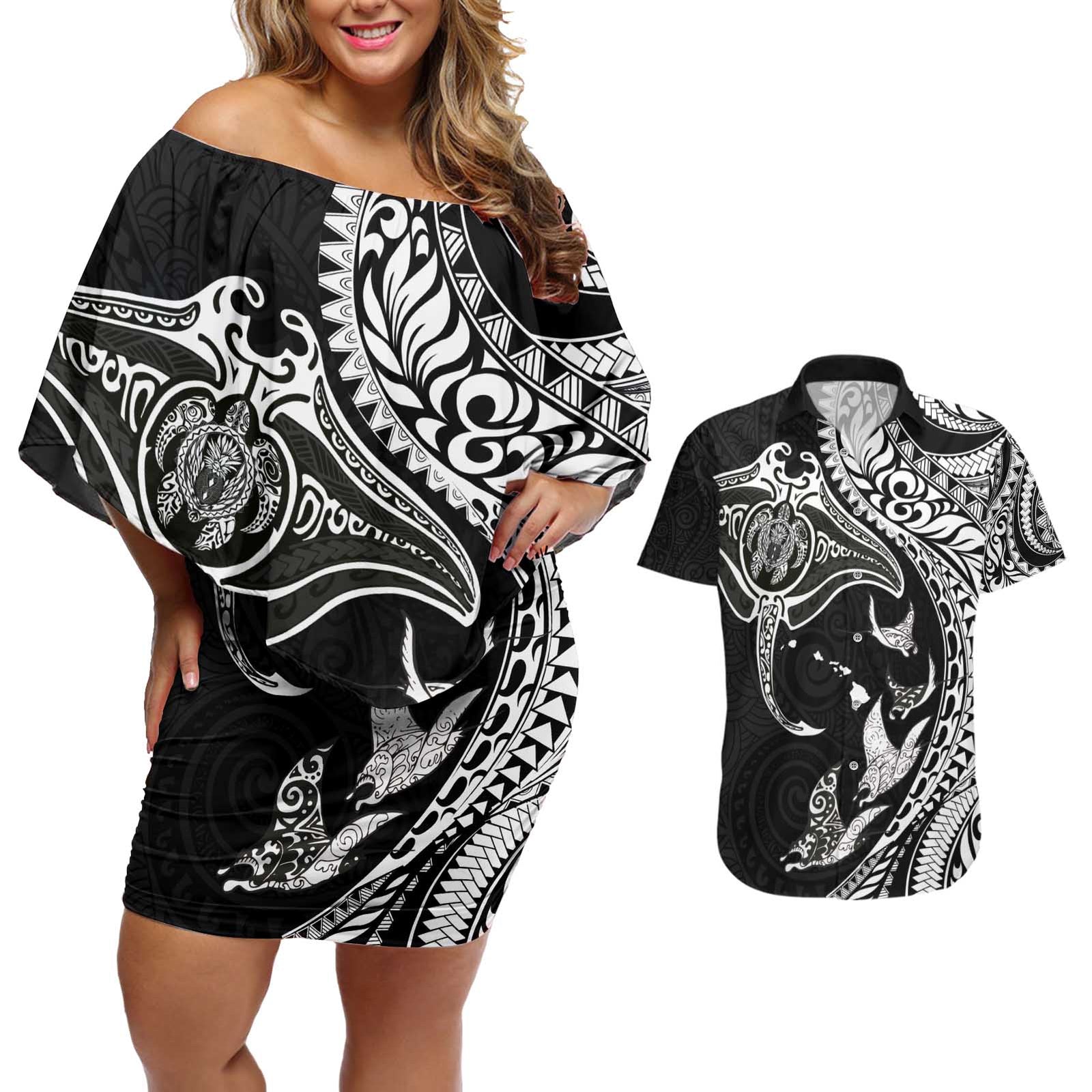 Hawaiian Manta Ray and Polynesian Tribal Tattoo Couples Matching Off Shoulder Short Dress and Hawaiian Shirt Black Color LT03 Black - Polynesian Pride
