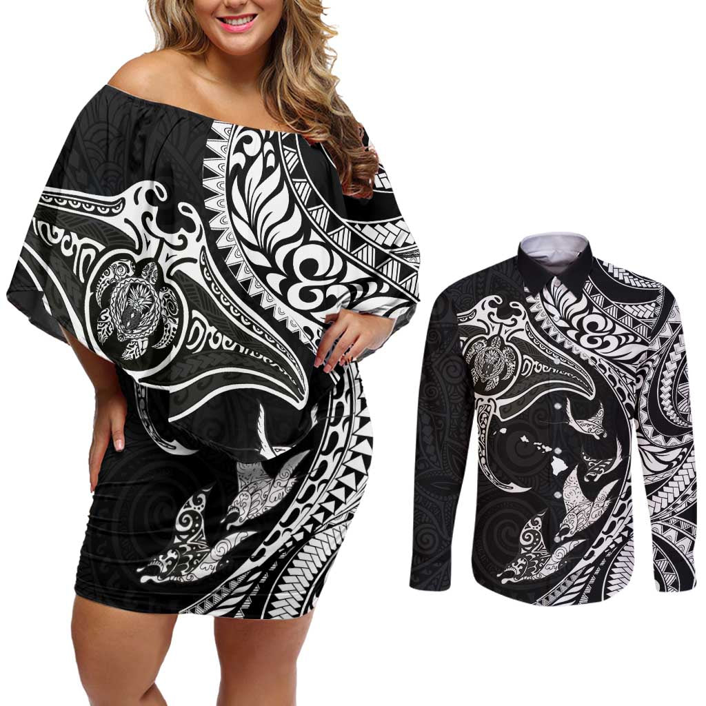 Hawaiian Manta Ray and Polynesian Tribal Tattoo Couples Matching Off Shoulder Short Dress and Long Sleeve Button Shirt Black Color LT03 Black - Polynesian Pride