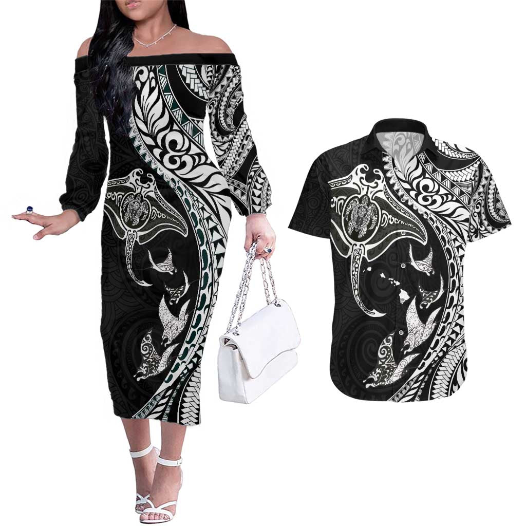 Hawaiian Manta Ray and Polynesian Tribal Tattoo Couples Matching Off The Shoulder Long Sleeve Dress and Hawaiian Shirt Black Color LT03 Black - Polynesian Pride
