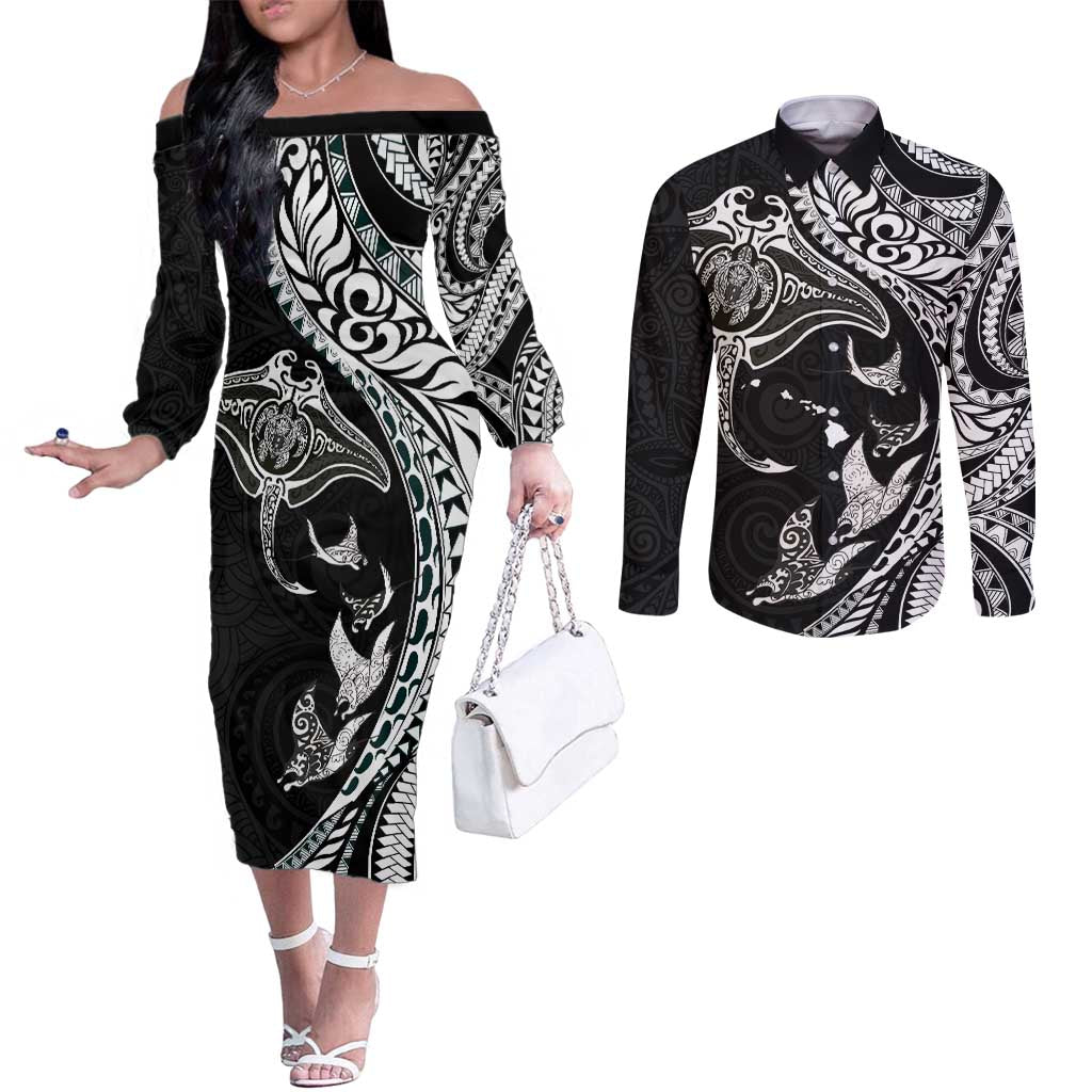 Hawaiian Manta Ray and Polynesian Tribal Tattoo Couples Matching Off The Shoulder Long Sleeve Dress and Long Sleeve Button Shirt Black Color LT03 Black - Polynesian Pride