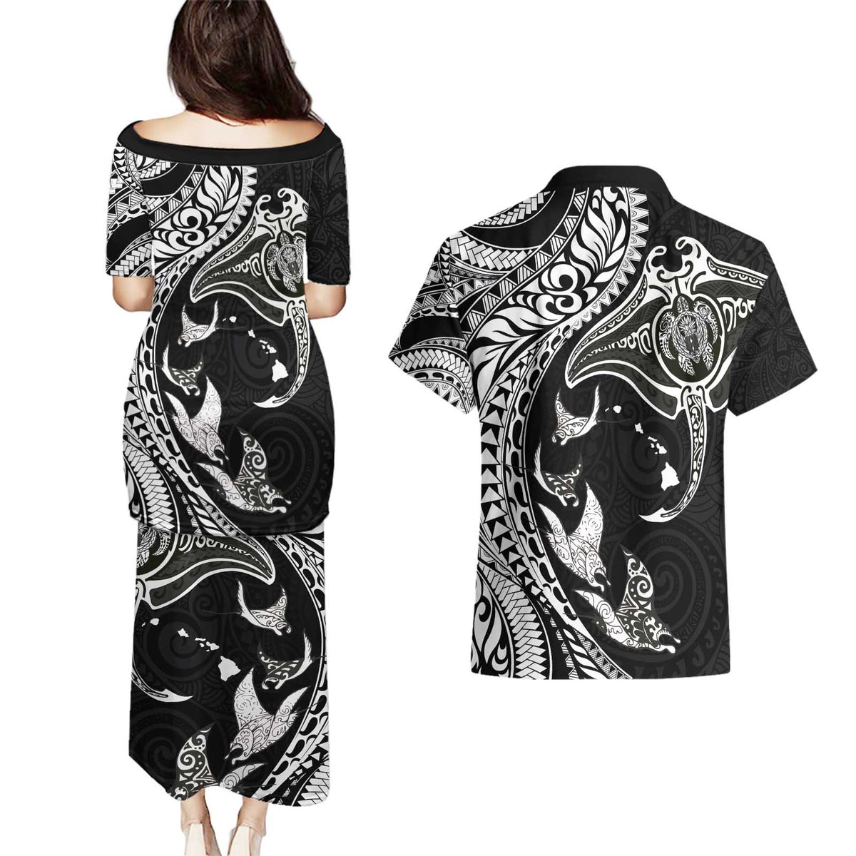 Hawaiian Manta Ray and Polynesian Tribal Tattoo Couples Matching Puletasi and Hawaiian Shirt Black Color LT03