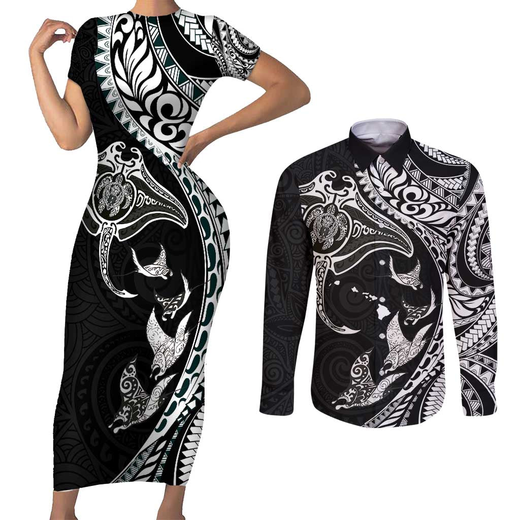 Hawaiian Manta Ray and Polynesian Tribal Tattoo Couples Matching Short Sleeve Bodycon Dress and Long Sleeve Button Shirt Black Color LT03 Black - Polynesian Pride