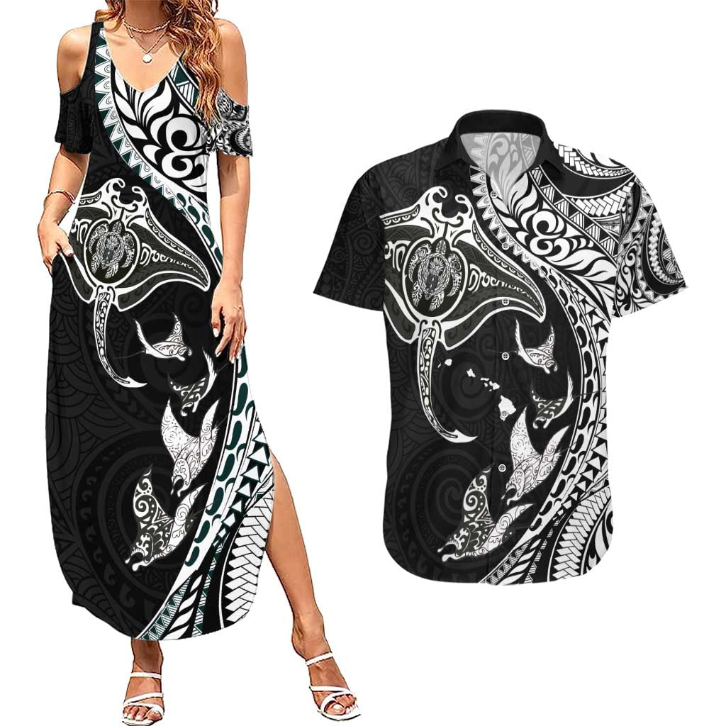 Hawaiian Manta Ray and Polynesian Tribal Tattoo Couples Matching Summer Maxi Dress and Hawaiian Shirt Black Color LT03 Black - Polynesian Pride