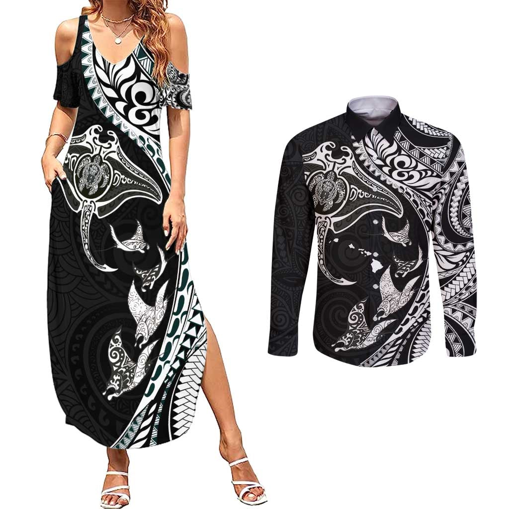 Hawaiian Manta Ray and Polynesian Tribal Tattoo Couples Matching Summer Maxi Dress and Long Sleeve Button Shirt Black Color LT03 Black - Polynesian Pride