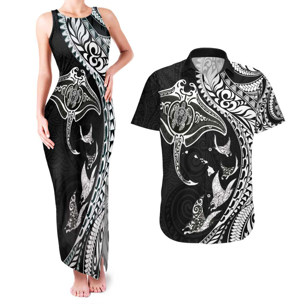 Hawaiian Manta Ray and Polynesian Tribal Tattoo Couples Matching Tank Maxi Dress and Hawaiian Shirt Black Color LT03 Black - Polynesian Pride