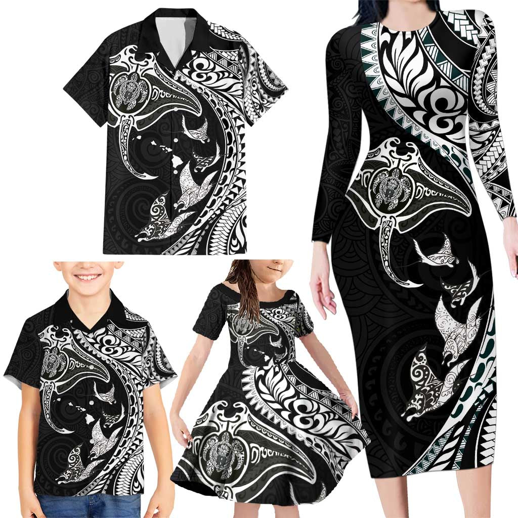 Hawaiian Manta Ray and Polynesian Tribal Tattoo Family Matching Long Sleeve Bodycon Dress and Hawaiian Shirt Black Color LT03 - Polynesian Pride