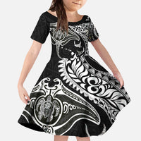 Hawaiian Manta Ray and Polynesian Tribal Tattoo Family Matching Off The Shoulder Long Sleeve Dress and Hawaiian Shirt Black Color LT03 Daughter's Dress Black - Polynesian Pride