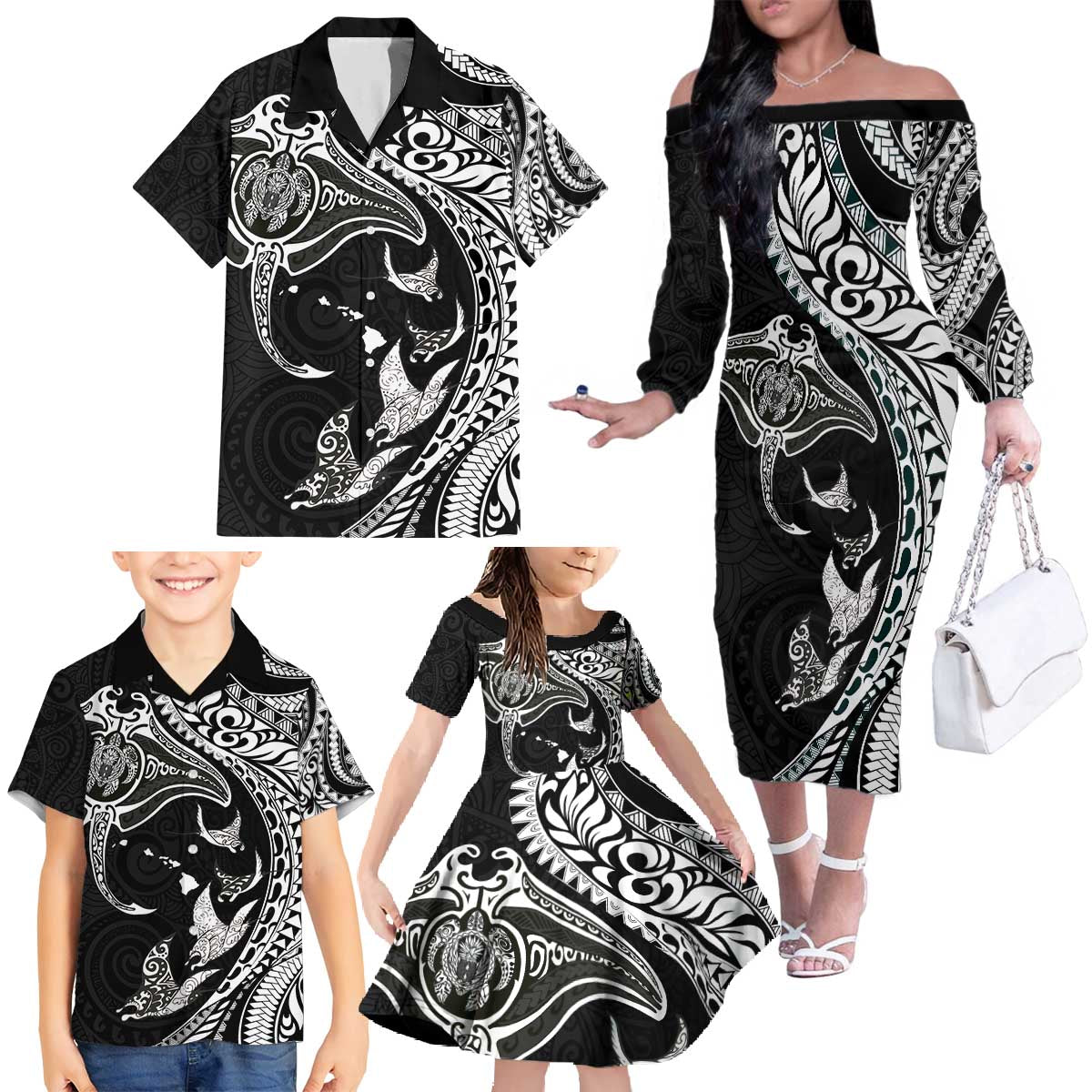 Hawaiian Manta Ray and Polynesian Tribal Tattoo Family Matching Off The Shoulder Long Sleeve Dress and Hawaiian Shirt Black Color LT03 - Polynesian Pride