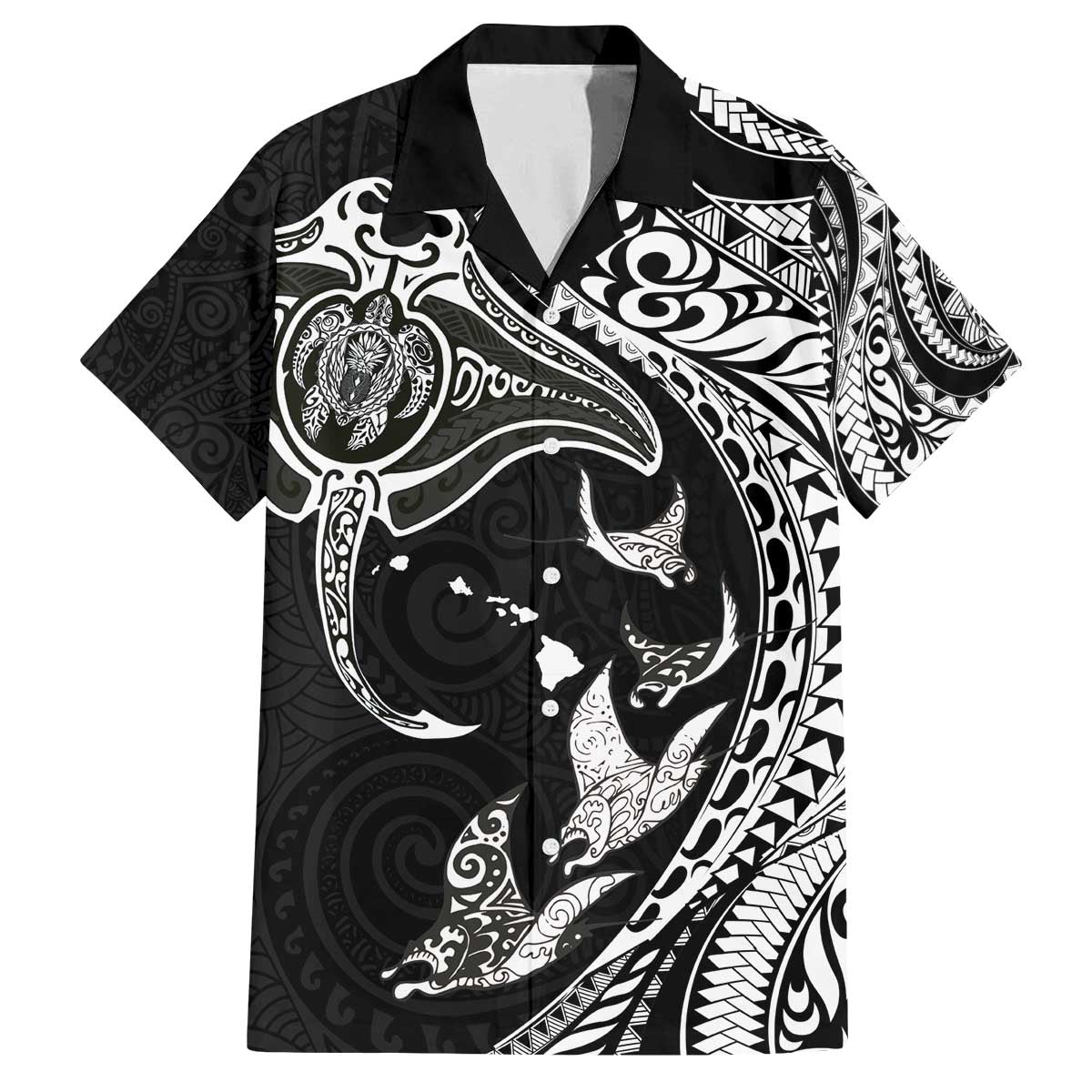 Hawaiian Manta Ray and Polynesian Tribal Tattoo Family Matching Off The Shoulder Long Sleeve Dress and Hawaiian Shirt Black Color LT03 Dad's Shirt - Short Sleeve Black - Polynesian Pride