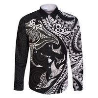 Hawaiian Manta Ray and Polynesian Tribal Tattoo Family Matching Off The Shoulder Long Sleeve Dress and Hawaiian Shirt Black Color LT03 Dad's Shirt - Long Sleeve Black - Polynesian Pride