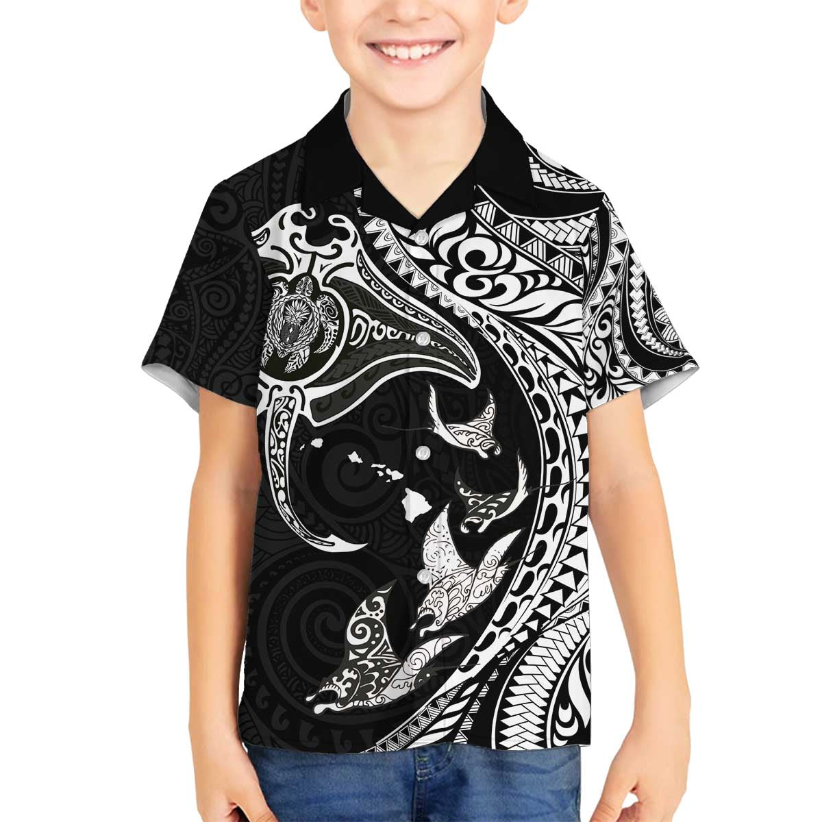 Hawaiian Manta Ray and Polynesian Tribal Tattoo Family Matching Off The Shoulder Long Sleeve Dress and Hawaiian Shirt Black Color LT03 Son's Shirt Black - Polynesian Pride