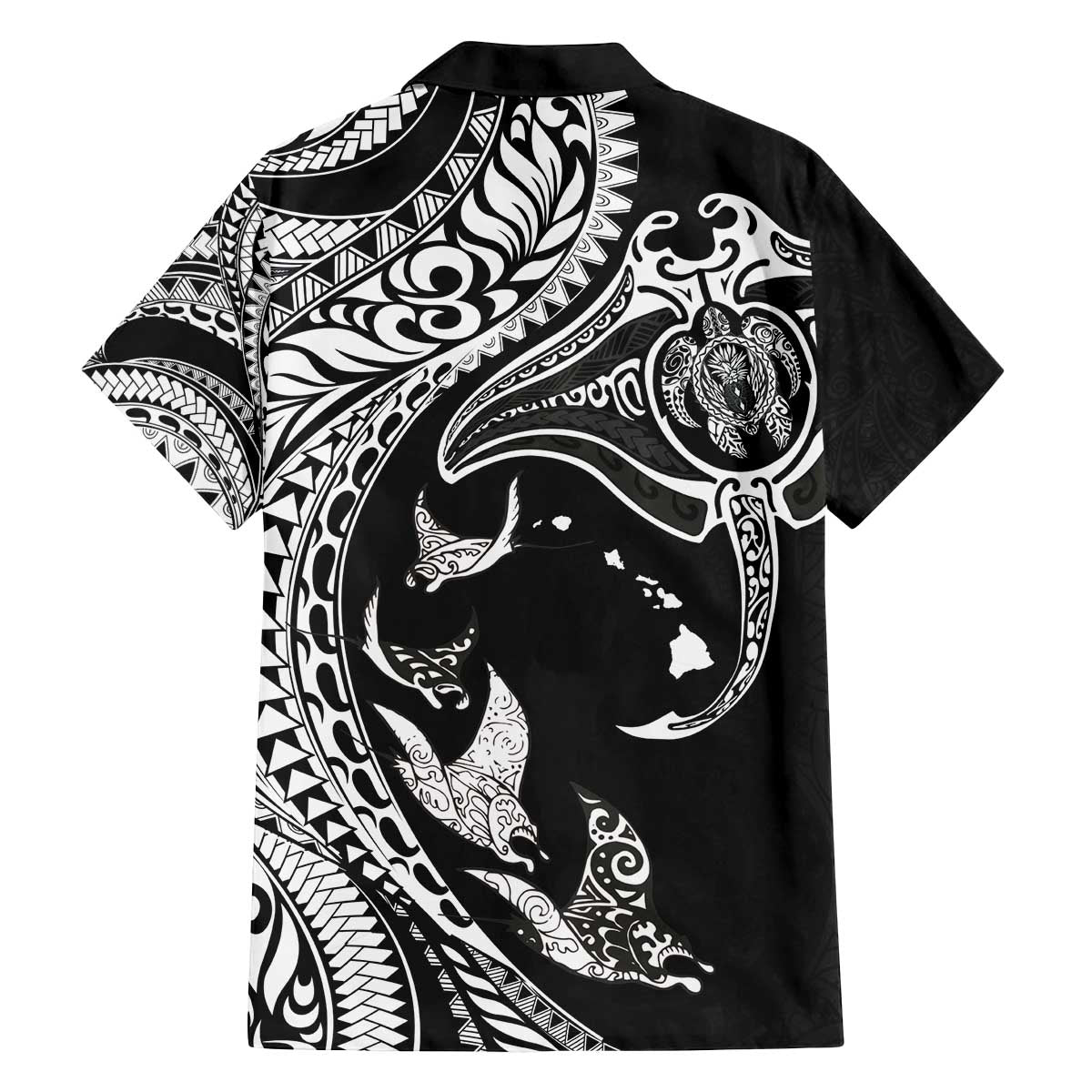 Hawaiian Manta Ray and Polynesian Tribal Tattoo Family Matching Off Shoulder Short Dress and Hawaiian Shirt Black Color LT03