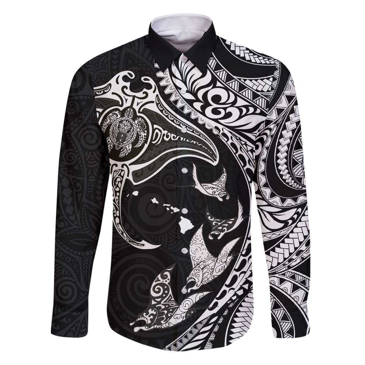 Hawaiian Manta Ray and Polynesian Tribal Tattoo Family Matching Puletasi and Hawaiian Shirt Black Color LT03