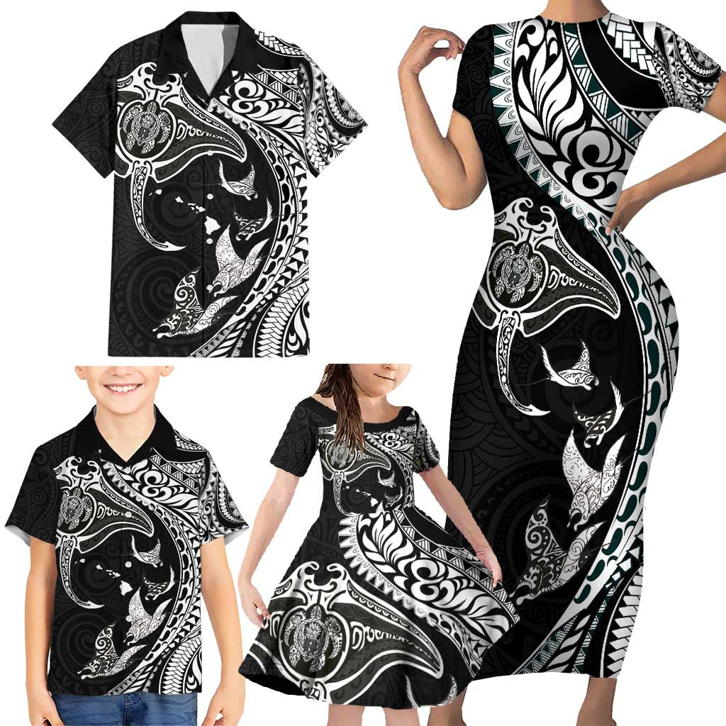 Hawaiian Manta Ray and Polynesian Tribal Tattoo Family Matching Short Sleeve Bodycon Dress and Hawaiian Shirt Black Color LT03 - Polynesian Pride