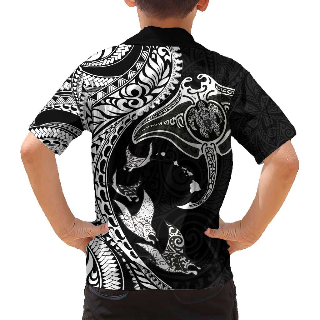 Hawaiian Manta Ray and Polynesian Tribal Tattoo Family Matching Summer Maxi Dress and Hawaiian Shirt Black Color LT03 - Polynesian Pride
