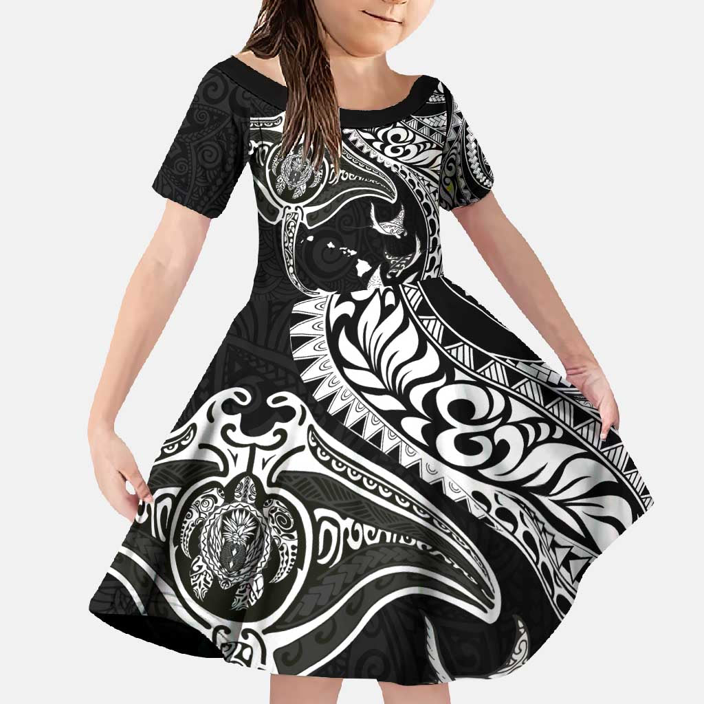 Hawaiian Manta Ray and Polynesian Tribal Tattoo Family Matching Summer Maxi Dress and Hawaiian Shirt Black Color LT03 Daughter's Dress Black - Polynesian Pride