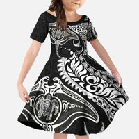 Hawaiian Manta Ray and Polynesian Tribal Tattoo Family Matching Summer Maxi Dress and Hawaiian Shirt Black Color LT03 Daughter's Dress Black - Polynesian Pride