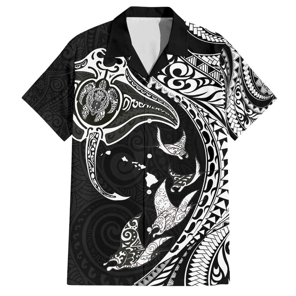 Hawaiian Manta Ray and Polynesian Tribal Tattoo Family Matching Summer Maxi Dress and Hawaiian Shirt Black Color LT03 Dad's Shirt - Short Sleeve Black - Polynesian Pride