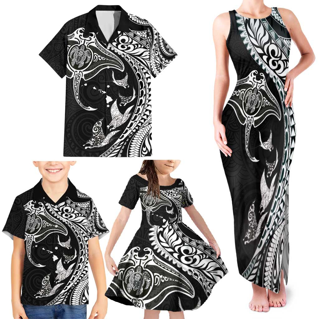 Hawaiian Manta Ray and Polynesian Tribal Tattoo Family Matching Tank Maxi Dress and Hawaiian Shirt Black Color LT03 - Polynesian Pride