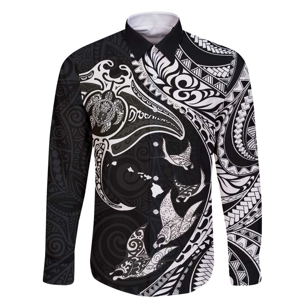 Hawaiian Manta Ray and Polynesian Tribal Tattoo Family Matching Tank Maxi Dress and Hawaiian Shirt Black Color LT03