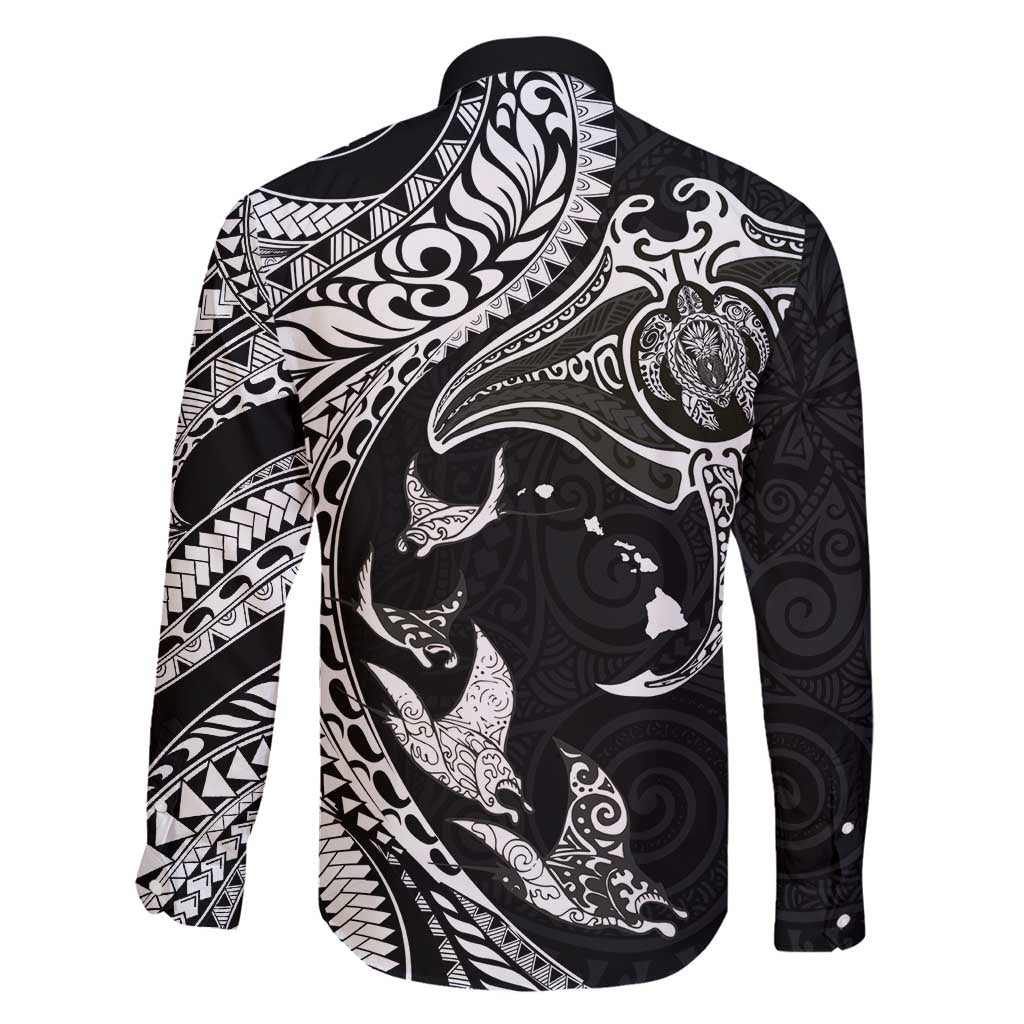 Hawaiian Manta Ray and Polynesian Tribal Tattoo Family Matching Tank Maxi Dress and Hawaiian Shirt Black Color LT03